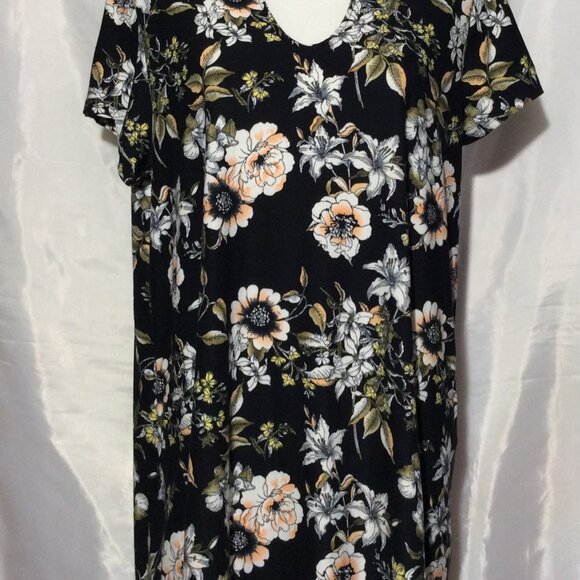 Sauci Women Black Floral Multi- Color Flare Dress Size L Short Sleeve Pullover - Picture 3 of 9